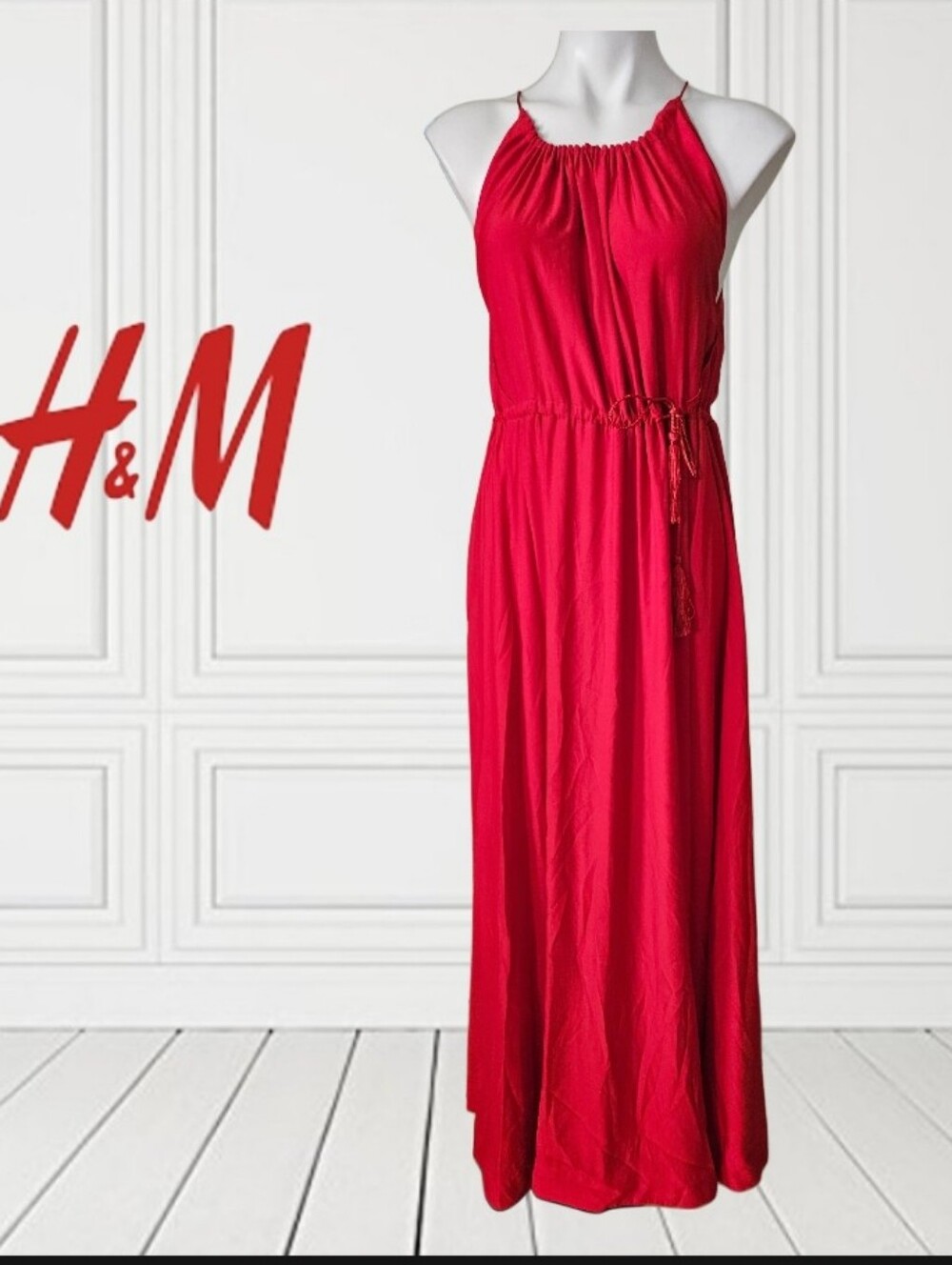 H&M Red Sleeveless Rope Halter Maxi Dress Drawstring Waist Tassel Ends Size 14